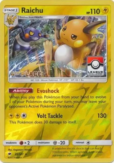 Burning Shadows Raichu [4th-Place-League] Pokémon card